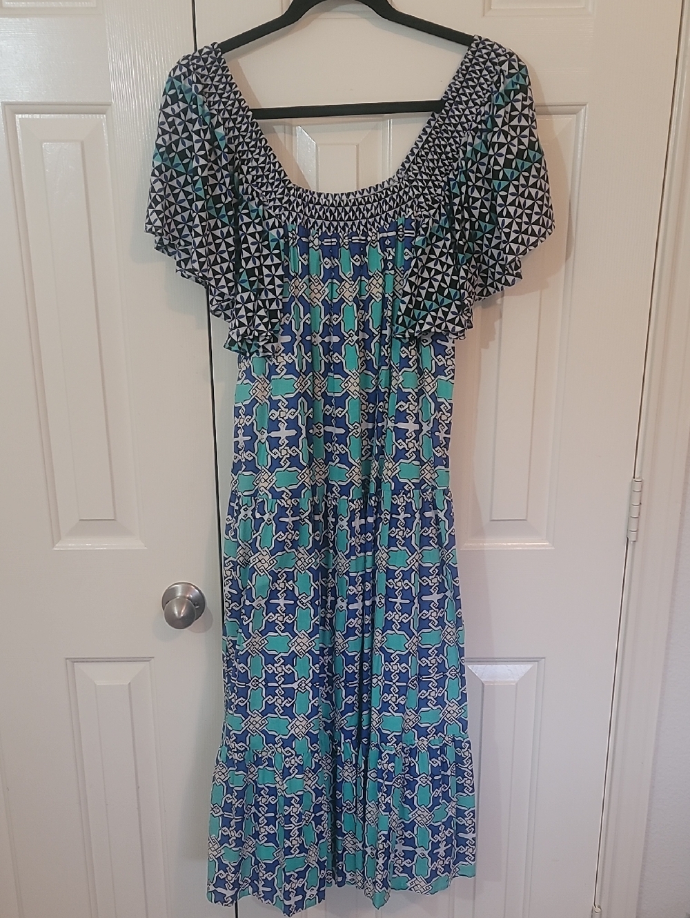 Off-Shoulder Midi Dress in Blue and Teal Geometric Print